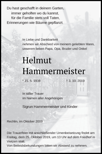 Traueranzeige von Helmut Hammermeister von Müritz-Zeitung