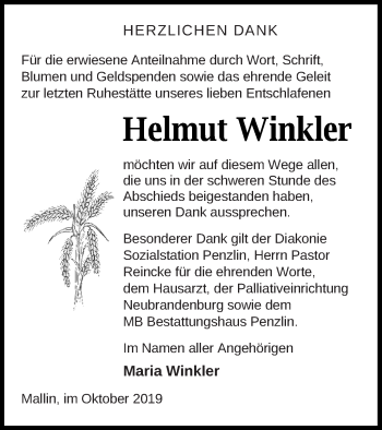 Traueranzeige von Helmut Winkler von Müritz-Zeitung