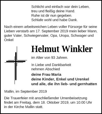 Traueranzeige von Helmut Winkler von Müritz-Zeitung