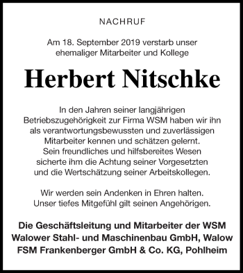 Traueranzeige von Herbert Nitschke von Müritz-Zeitung