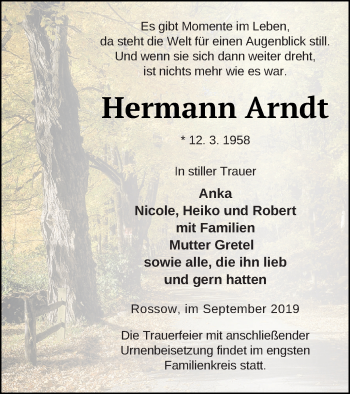 Traueranzeige von Hermann Arndt von Neubrandenburger Zeitung