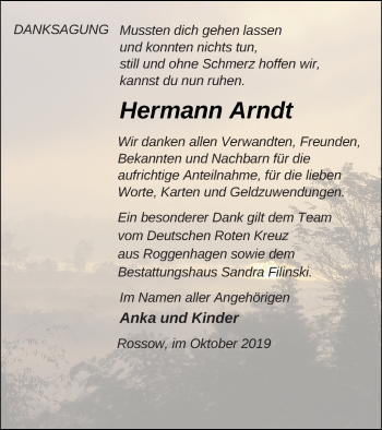 Traueranzeige von Hermann Arndt von Neubrandenburger Zeitung