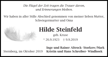 Traueranzeige von Hilde Steinfeld von Zeitung für die Landeshauptstadt