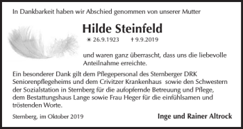 Traueranzeige von Hilde Steinfeld von Anzeiger für Sternberg - Brüel - Warin