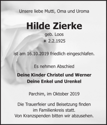 Traueranzeige von Hilde Zierke von Parchimer Zeitung