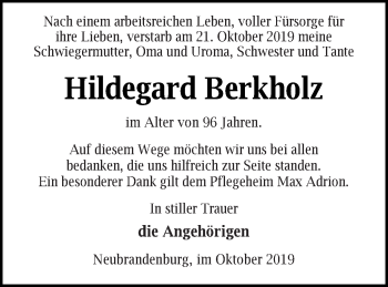 Traueranzeige von Hildegard Berkholz von Neubrandenburger Zeitung