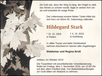 Traueranzeige von Hildegard Stark von Vorpommern Kurier