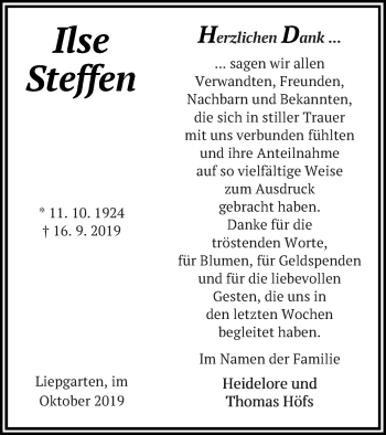 Traueranzeige von Ilse Steffen von Haff-Zeitung