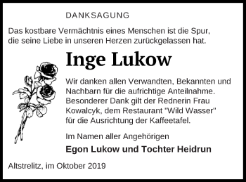 Traueranzeige von Inge Lukow von Strelitzer Zeitung