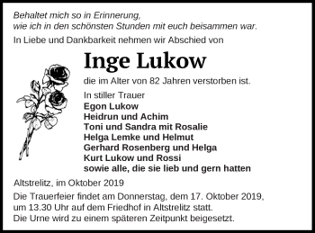 Traueranzeige von Inge Lukow von Strelitzer Zeitung