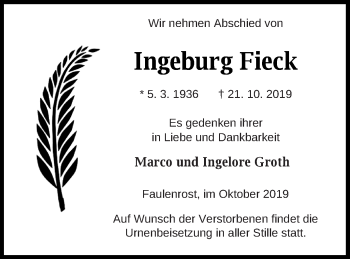 Traueranzeige von Ingeburg Fieck von Mecklenburger Schweiz