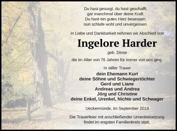 Traueranzeige von Ingelore Harder von Haff-Zeitung