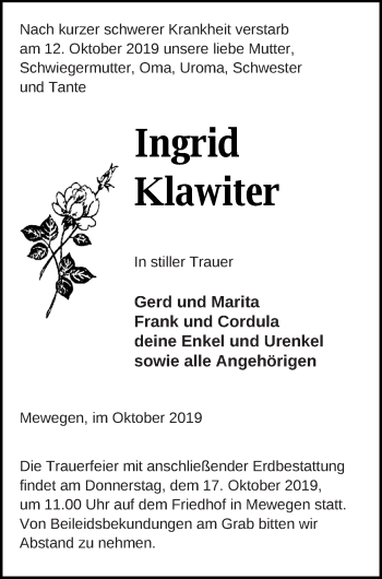 Traueranzeige von Ingrid Klawiter von Pasewalker Zeitung