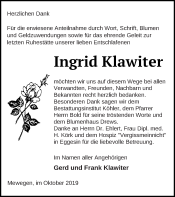 Traueranzeige von Ingrid Klawiter von Haff-Zeitung