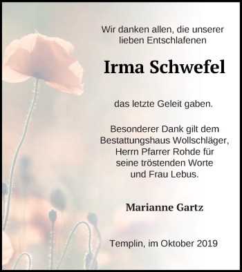 Traueranzeige von Irma Schwefel von Templiner Zeitung