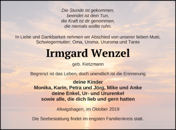 Traueranzeige von Irmgard Wenzel von Haff-Zeitung