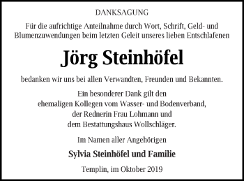 Traueranzeige von Jörg Steinhöfel von Templiner Zeitung