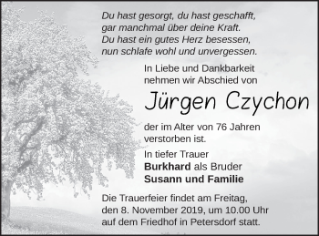 Traueranzeige von Jürgen Czychon von Strelitzer Zeitung