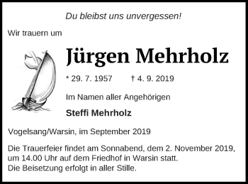 Traueranzeige von Jürgen Mehrholz von Haff-Zeitung