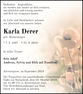 Traueranzeige von Karla Derer von Neubrandenburger Zeitung