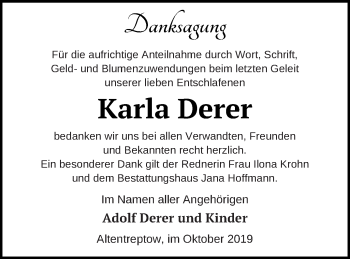 Traueranzeige von Karla Derer von Neubrandenburger Zeitung