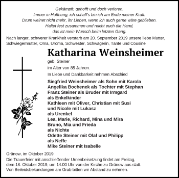 Traueranzeige von Katharina Weinsheimer von Prenzlauer Zeitung