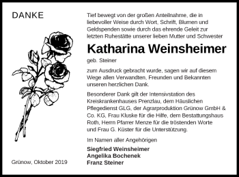 Traueranzeige von Katharina Weinsheimer von Prenzlauer Zeitung