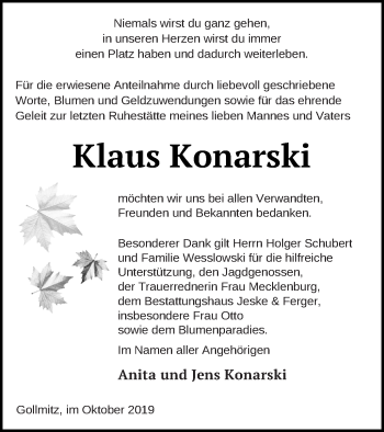 Traueranzeige von Klaus Konarski von Prenzlauer Zeitung