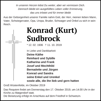 Traueranzeige von Konrad Sudbrock von Mecklenburger Schweiz