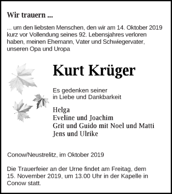 Traueranzeige von Kurt Krüger von Strelitzer Zeitung