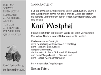 Traueranzeige von Kurt Westphal von Pasewalker Zeitung