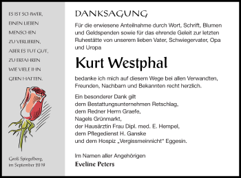 Traueranzeige von Kurt Westphal von Pasewalker Zeitung