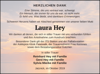 Traueranzeige von Laura Hey von Pasewalker Zeitung