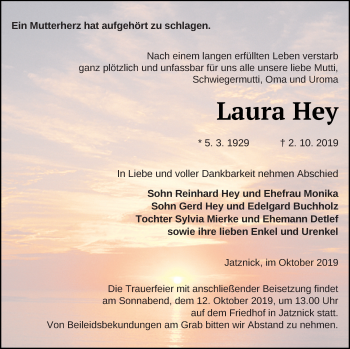 Traueranzeige von Laura Hey von Pasewalker Zeitung