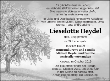 Traueranzeige von Lieselotte Heydel von Vorpommern Kurier