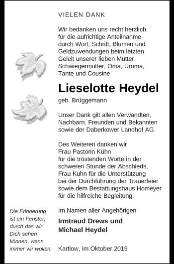 Traueranzeige von Lieselotte Heydel von Vorpommern Kurier