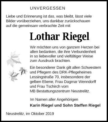 Traueranzeige von Lothar Riegel von Strelitzer Zeitung