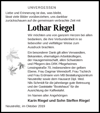 Traueranzeige von Lothar Riegel von Strelitzer Zeitung