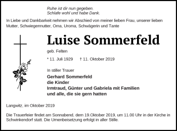 Traueranzeige von Luise Sommerfeld von Mecklenburger Schweiz