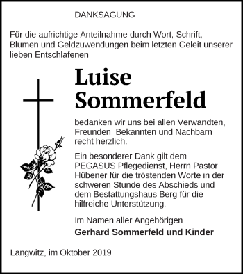 Traueranzeige von Luise Sommerfeld von Mecklenburger Schweiz