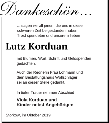 Traueranzeige von Lutz Korduan von Templiner Zeitung