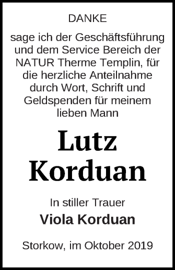 Traueranzeige von Lutz Korduan von Templiner Zeitung