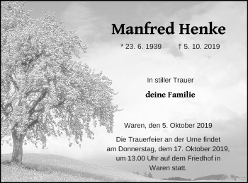 Traueranzeige von Manfred Henke von Müritz-Zeitung
