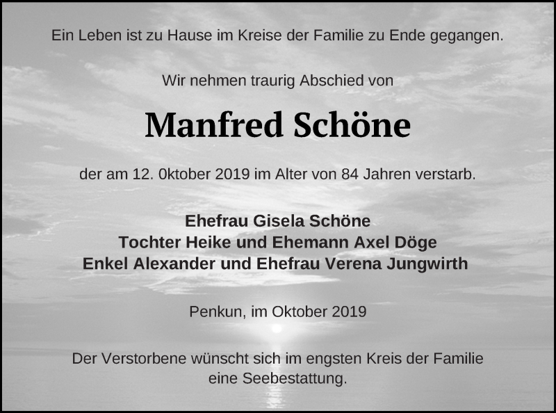 Traueranzeigen Von Manfred Schone Trauer Nordkurier