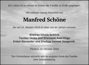 Traueranzeige von Manfred Schöne von Pasewalker Zeitung