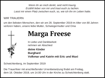 Traueranzeige von Marga Freese von Demminer Zeitung