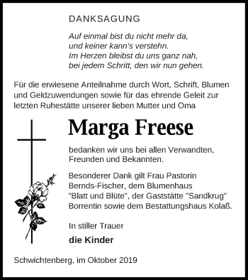 Traueranzeige von Marga Freese von Demminer Zeitung