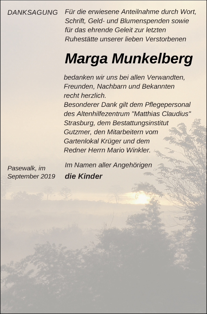  Traueranzeige für Marga Munkelberg vom 01.10.2019 aus Pasewalker Zeitung