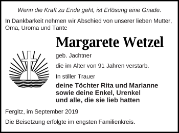 Traueranzeige von Margarete Wetzel von Templiner Zeitung