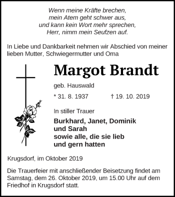 Traueranzeige von Margot Brandt von Pasewalker Zeitung